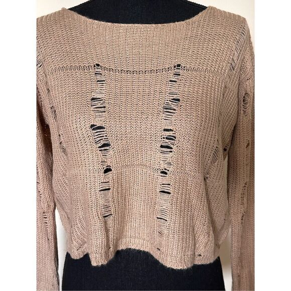 C’est Toi Womens Crop Top Light Brown Tan Open Knit Round Neck Long Sleeve Sweat - Picture 4 of 5